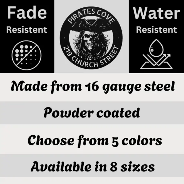 Custom Metal Pirate Skull Art Sign Personalized Pirate Cove Wall Decor Custom Metal Pirate Skull Art Sign crafted from 16 gauge steel. Custom pirate wall decor for man caves, bars, game rooms, boats, and gifts.