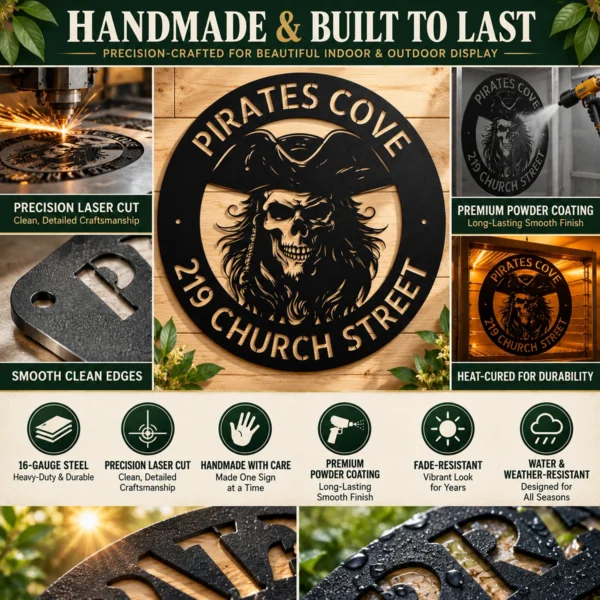 Custom Metal Pirate Skull Art Sign crafted from 16 gauge steel. Custom pirate wall decor for man caves, bars, game rooms, boats, and gifts.