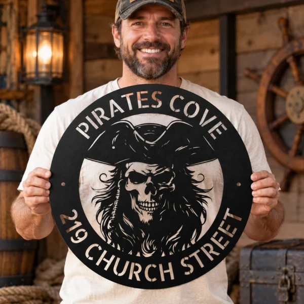 Custom Metal Pirate Skull Art Sign crafted from 16 gauge steel. Custom pirate wall decor for man caves, bars, game rooms, boats, and gifts.