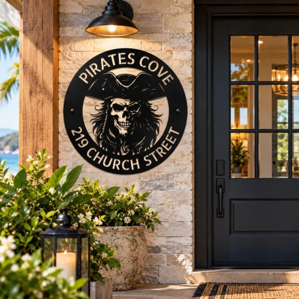Custom Metal Pirate Skull Art Sign crafted from 16 gauge steel. Custom pirate wall decor for man caves, bars, game rooms, boats, and gifts.