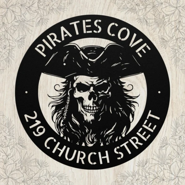 Personalized Pirate Skull Metal Sign crafted from 16 gauge steel. Custom pirate wall decor for man caves, bars, game rooms, boats, and gifts.