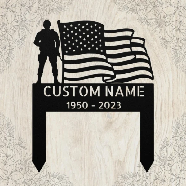 Custom Military Memorial Grave Marker Personalized Veteran Tribute Custom military memorial grave marker with American flag in 16 gauge steel for veteran tribute, cemetery decor and personalized remembrance sign.