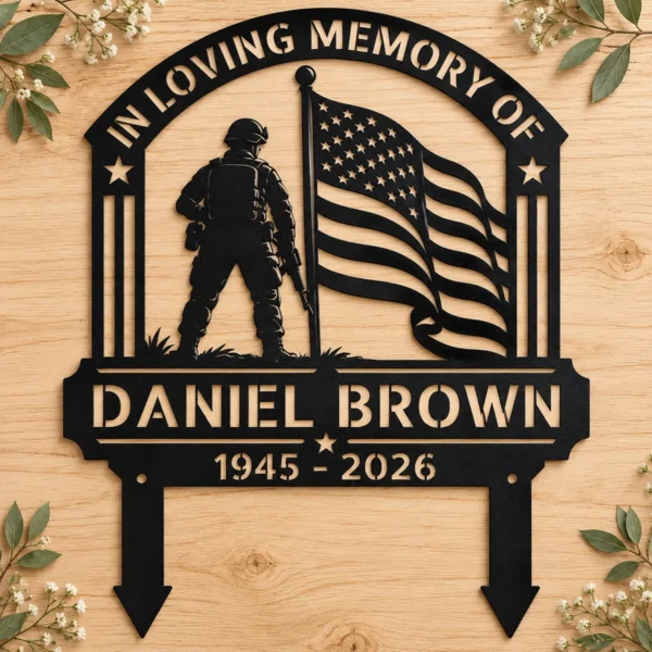 Custom military memorial grave marker with American flag in 16 gauge steel for veteran tribute, cemetery decor and personalized remembrance sign.