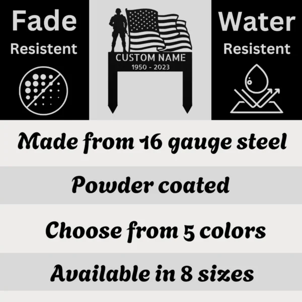 Custom Military Memorial Grave Marker Personalized Veteran Tribute Custom military memorial grave marker with American flag in 16 gauge steel for veteran tribute, cemetery decor and personalized remembrance sign.