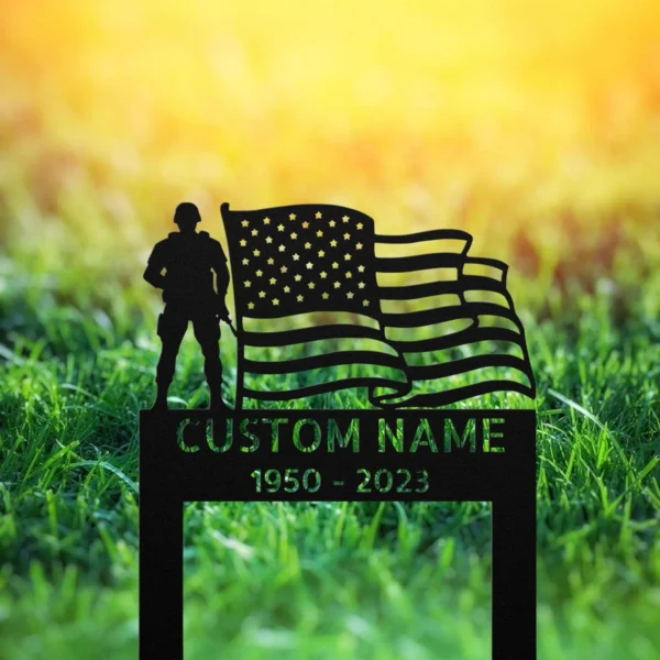 Custom Military Memorial Grave Marker Personalized Veteran Tribute Custom military memorial grave marker with American flag in 16 gauge steel for veteran tribute, cemetery decor and personalized remembrance sign.