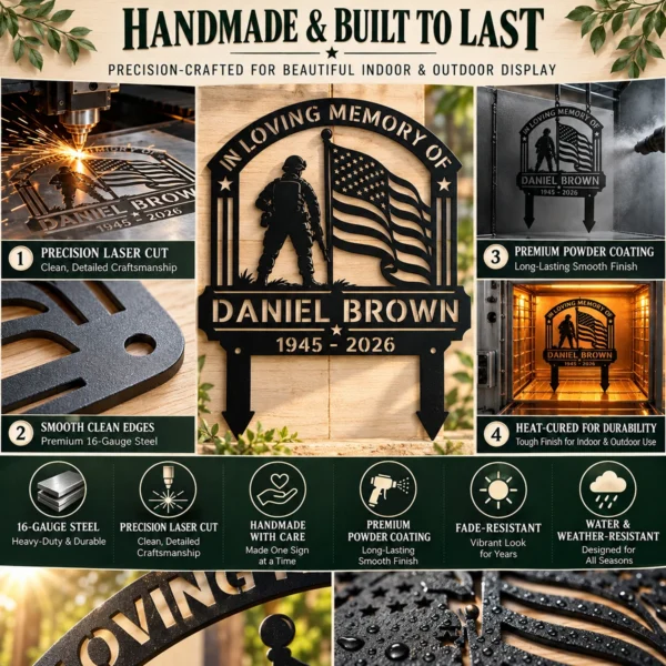 Custom Military Memorial Grave Marker Personalized Veteran Tribute Custom military memorial grave marker with American flag in 16 gauge steel for veteran tribute, cemetery decor and personalized remembrance sign.
