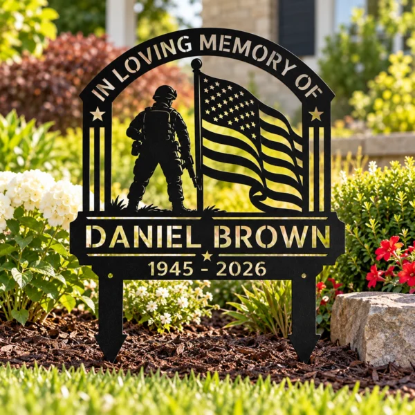 Custom Military Memorial Grave Marker Personalized Veteran Tribute Custom military memorial grave marker with American flag in 16 gauge steel for veteran tribute, cemetery decor and personalized remembrance sign.