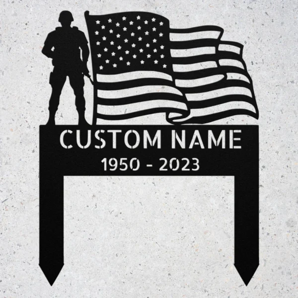 Custom Military Memorial Grave Marker Personalized Veteran Tribute Custom military memorial grave marker with American flag in 16 gauge steel for veteran tribute, cemetery decor and personalized remembrance sign.
