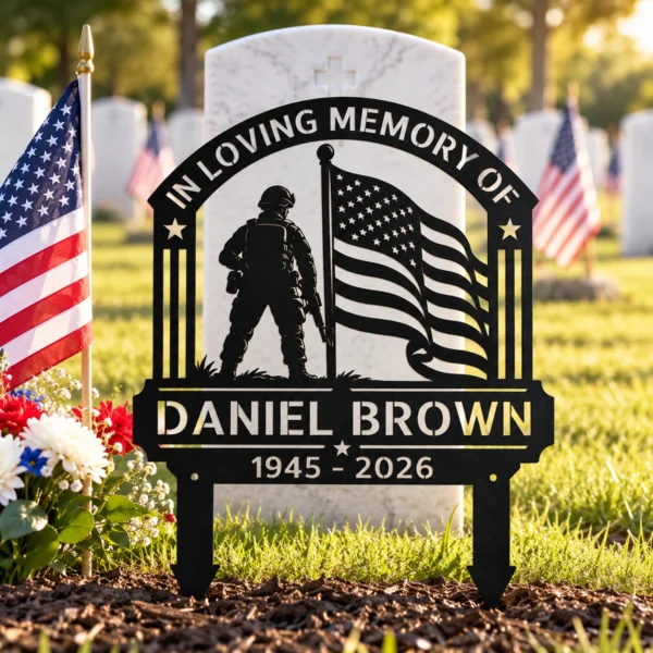 Custom Military Memorial Grave Marker Personalized Veteran Tribute Custom military memorial grave marker with American flag in 16 gauge steel for veteran tribute, cemetery decor and personalized remembrance sign.