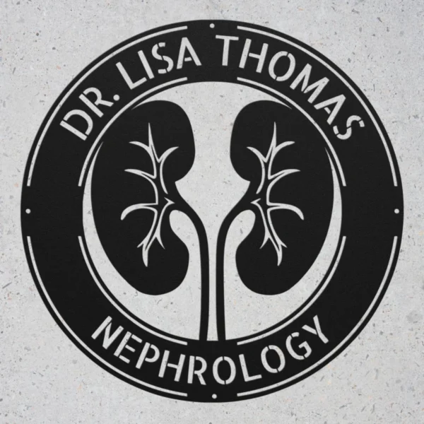 Custom nephrology metal sign in 16 gauge steel for kidney doctor office decor, personalized clinic wall plaque and medical professional gift.