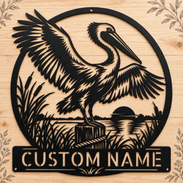 Custom Pelican Bird Metal Art Sign Coastal Wall Decor Custom pelican bird metal art sign made from 16 gauge steel. Custom coastal wall decor for beach homes, cottages, patios, and nautical gift ideas.