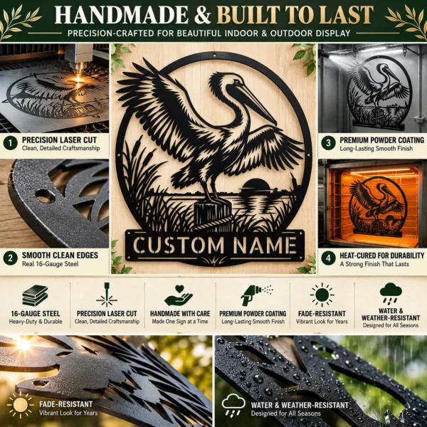 Custom Pelican Bird Metal Art Sign Coastal Wall Decor Custom pelican bird metal art sign made from 16 gauge steel. Custom coastal wall decor for beach homes, cottages, patios, and nautical gift ideas.