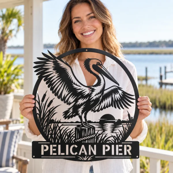 Custom Pelican Bird Metal Art Sign Coastal Wall Decor Custom pelican bird metal art sign made from 16 gauge steel. Custom coastal wall decor for beach homes, cottages, patios, and nautical gift ideas.