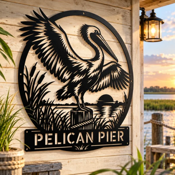 Custom Pelican Bird Metal Art Sign Coastal Wall Decor Custom pelican bird metal art sign made from 16 gauge steel. Custom coastal wall decor for beach homes, cottages, patios, and nautical gift ideas.