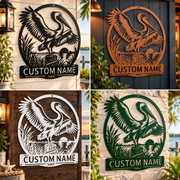 Custom Pelican Bird Metal Art Sign Coastal Wall Decor Custom pelican bird metal art sign made from 16 gauge steel. Custom coastal wall decor for beach homes, cottages, patios, and nautical gift ideas.