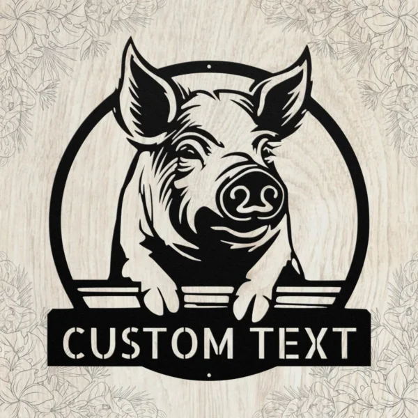 Custom Pig Metal Sign Farmhouse Art Decor Custom pig metal sign in 16 gauge steel for farmhouse wall decor, laser-cut animal plaque for barn, kitchen, rustic home and gift art.