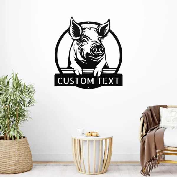 Custom Pig Metal Sign Farmhouse Art Decor Custom pig metal sign in 16 gauge steel for farmhouse wall decor, laser-cut animal plaque for barn, kitchen, rustic home and gift art.