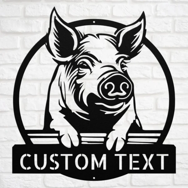 Custom Pig Metal Sign Farmhouse Art Decor Custom pig metal sign in 16 gauge steel for farmhouse wall decor, laser-cut animal plaque for barn, kitchen, rustic home and gift art.