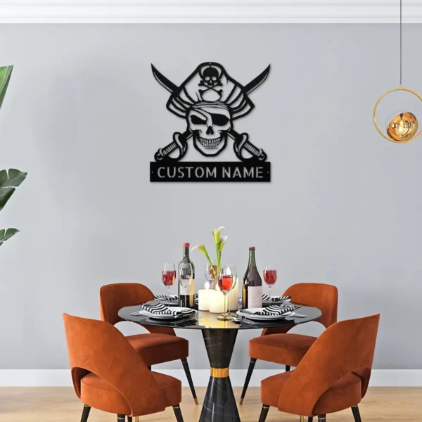 Custom Pirate Skull Metal Wall Art Sign Nautical Decor Custom pirate skull metal sign in 16 gauge steel for nautical wall decor, pirate themed plaque for bar, boat, cabin and gift art.