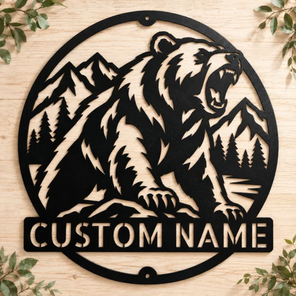 Custom Roaring Bear Metal Sign Personalized Grizzly Mountain Wall Decor Custom roaring bear metal sign personalized with family or cabin name, fierce grizzly bear mountain wall decor for rustic cabins, hunting lodges and wildlife lovers.