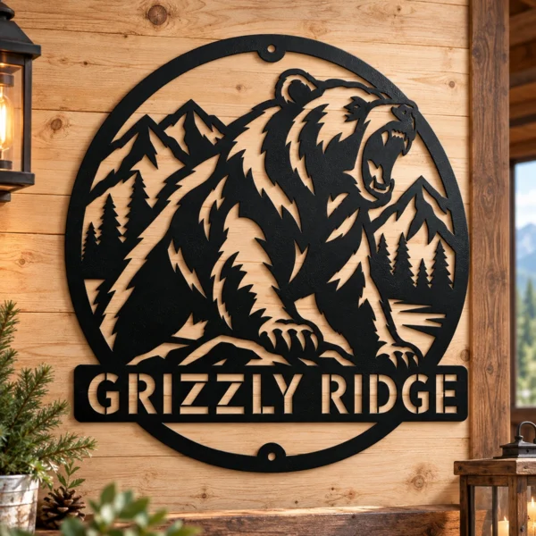 Custom Roaring Bear Metal Sign Personalized Grizzly Mountain Wall Decor Custom roaring bear metal sign personalized with family or cabin name, fierce grizzly bear mountain wall decor for rustic cabins, hunting lodges and wildlife lovers.