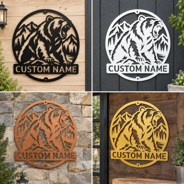 Custom Roaring Bear Metal Sign Personalized Grizzly Mountain Wall Decor Custom roaring bear metal sign personalized with family or cabin name, fierce grizzly bear mountain wall decor for rustic cabins, hunting lodges and wildlife lovers.