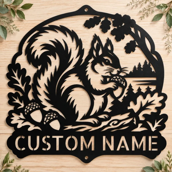 Custom Squirrel Metal Sign Personalized Wildlife Garden Wall Decor Custom squirrel metal sign personalized with a name, featuring laser-cut woodland wildlife wall art for gardens, patios, cabins, and outdoor decor.