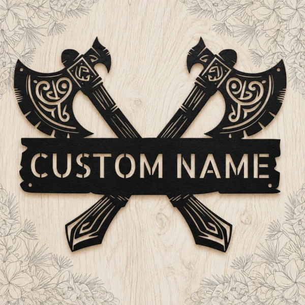 Custom Viking Axe Metal Sign Norse Wall Art Decor Custom Viking axe metal sign in 16 gauge steel for Norse wall decor, personalized Viking art plaque for cabins, man caves, and history lovers.