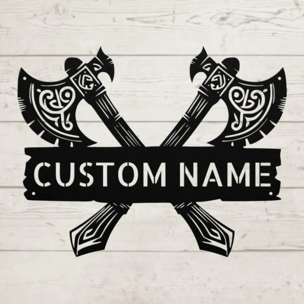 Custom Viking Axe Metal Sign Norse Wall Art Decor Custom Viking axe metal sign in 16 gauge steel for Norse wall decor, personalized Viking art plaque for cabins, man caves, and history lovers.