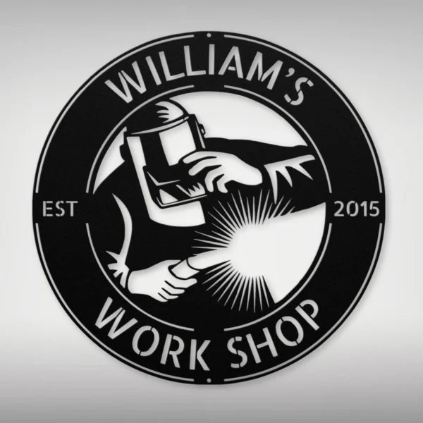 Custom welder metal sign in 16 gauge steel for workshop wall decor, personalized welding shop plaque for metalworkers, garage and gift art.