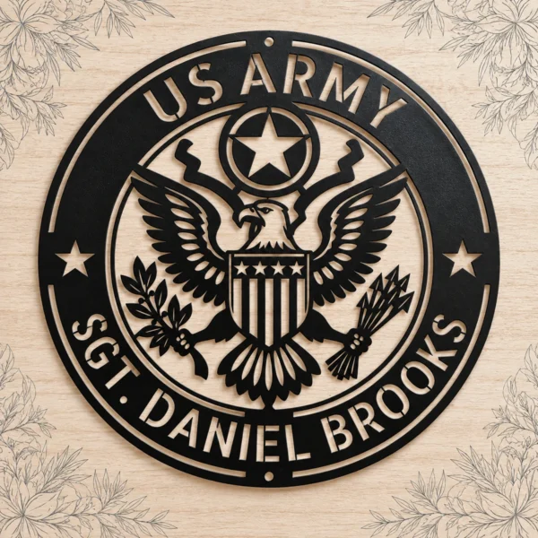 Personalized US Army metal sign in 16 gauge steel for military wall decor, custom veteran tribute plaque and patriotic home or office gift.