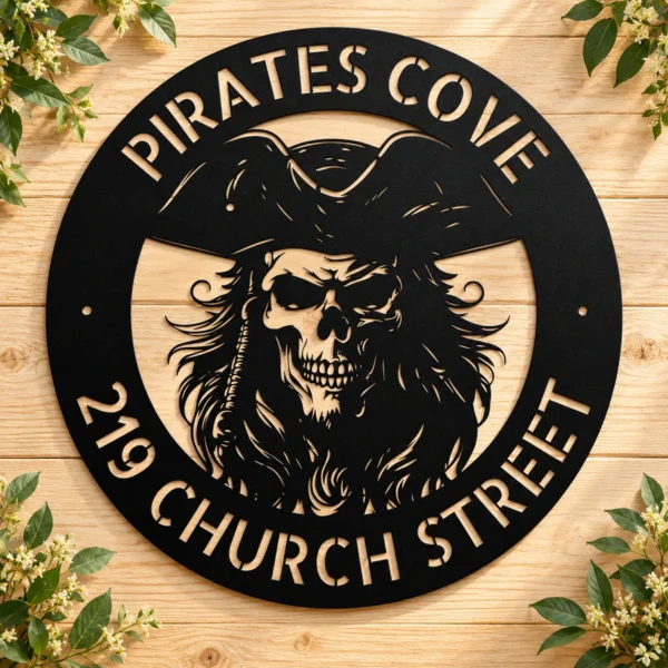 Custom Metal Pirate Skull Art Sign Personalized Pirate Cove Wall Decor Custom Metal Pirate Skull Art Sign crafted from 16 gauge steel. Custom pirate wall decor for man caves, bars, game rooms, boats, and gifts.