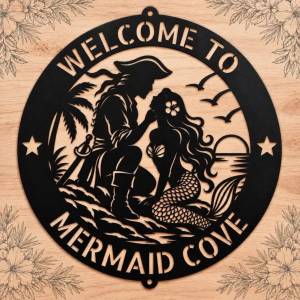 Custom Mermaid And Pirate Metal Art Sign Nautical Wall Decor Custom Mermaid and Pirate Metal Art Sign made from 16 gauge steel. Custom nautical wall decor for beach homes, couples gift, and coastal spaces.