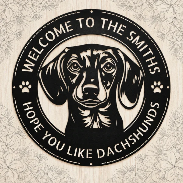 Personalized Dachshund Dog Metal Sign Custom Family Welcome Decor Personalized Dachshund dog metal sign in 16 gauge steel for welcome wall decor, custom family name pet lover plaque and home gift art.