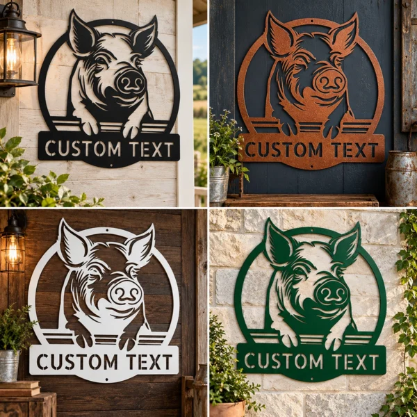 Custom Pig Metal Sign Farmhouse Art Decor Custom pig metal sign in 16 gauge steel for farmhouse wall decor, laser-cut animal plaque for barn, kitchen, rustic home and gift art.