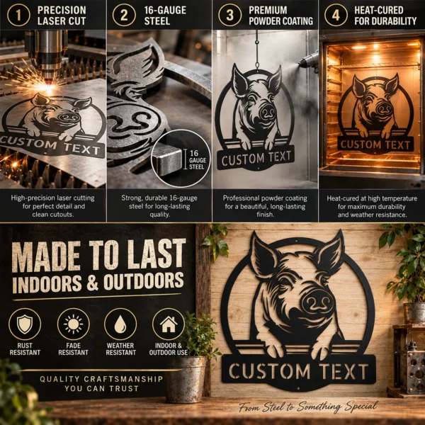 Custom Pig Metal Sign Farmhouse Art Decor Custom pig metal sign in 16 gauge steel for farmhouse wall decor, laser-cut animal plaque for barn, kitchen, rustic home and gift art.