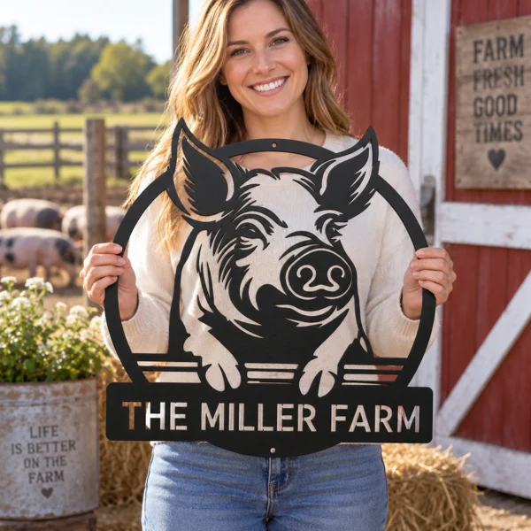 Custom Pig Metal Sign Farmhouse Art Decor Custom pig metal sign in 16 gauge steel for farmhouse wall decor, laser-cut animal plaque for barn, kitchen, rustic home and gift art.