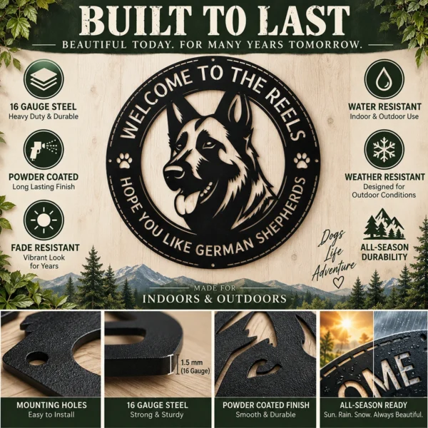 Personalized German Shepherd Metal Sign Custom Family Name Decor Personalized German Shepherd metal sign in 16 gauge steel for pet wall decor, custom family name plaque for home and strong dog lover gift art.