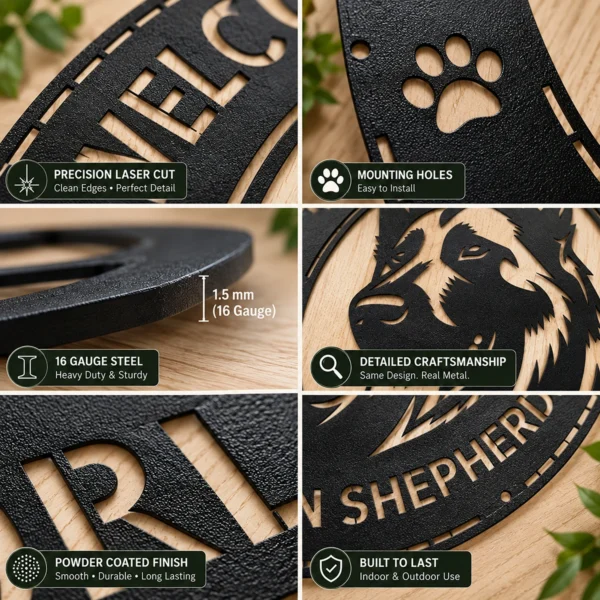 Personalized German Shepherd Metal Sign Custom Family Name Decor Personalized German Shepherd metal sign in 16 gauge steel for pet wall decor, custom family name plaque for home and strong dog lover gift art.