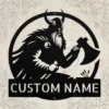 Personalized Axe Wielder Metal Art Sign Viking Warrior Wall Decor Personalized axe-wielder metal sign in 16 gauge steel for Viking wall decor, custom warrior plaque for cabin, man cave and medieval gift art.