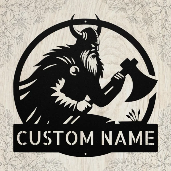 Personalized Axe Wielder Metal Art Sign Viking Warrior Wall Decor Personalized axe-wielder metal sign in 16 gauge steel for Viking wall decor, custom warrior plaque for cabin, man cave and medieval gift art.