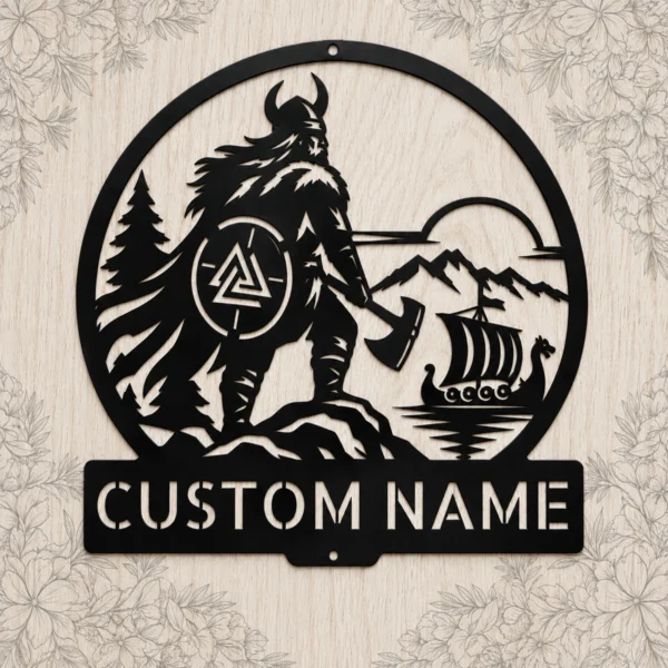Personalized Axe Wielder Metal Art Sign Viking Warrior Wall Decor Personalized Axe-Wielder Metal Art Sign in 16 gauge steel for Viking wall decor, custom warrior plaque for cabin, man cave and medieval gift art.