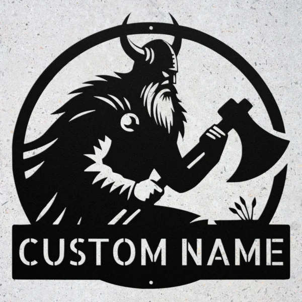 Personalized Axe Wielder Metal Art Sign Viking Warrior Wall Decor Personalized axe-wielder metal sign in 16 gauge steel for Viking wall decor, custom warrior plaque for cabin, man cave and medieval gift art.