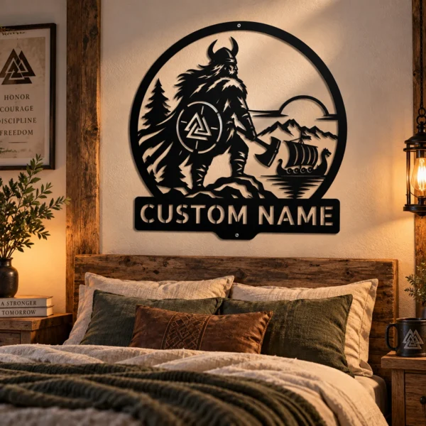 Personalized Axe Wielder Metal Art Sign Viking Warrior Wall Decor Personalized Axe-Wielder Metal Art Sign in 16 gauge steel for Viking wall decor, custom warrior plaque for cabin, man cave and medieval gift art.