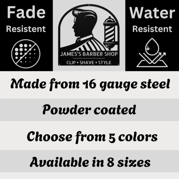 Personalized Barber Shop Metal Sign Custom Hair Salon Decor Personalized barber shop metal art sign in 16 gauge steel for hair salon wall decor, custom barber plaque and professional grooming gift art.