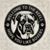 Personalized boxer dog metal sign in 16 gauge steel for welcome wall decor, custom family name plaque for home, porch and dog lover gift art.