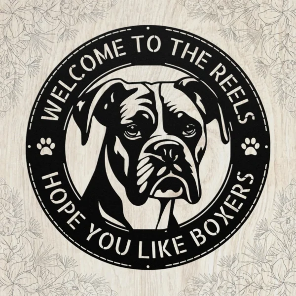 Personalized Boxer Dog Metal Art Sign Custom Family Name Decor Personalized boxer dog metal sign in 16 gauge steel for welcome wall decor, custom family name plaque for home, porch and dog lover gift art.