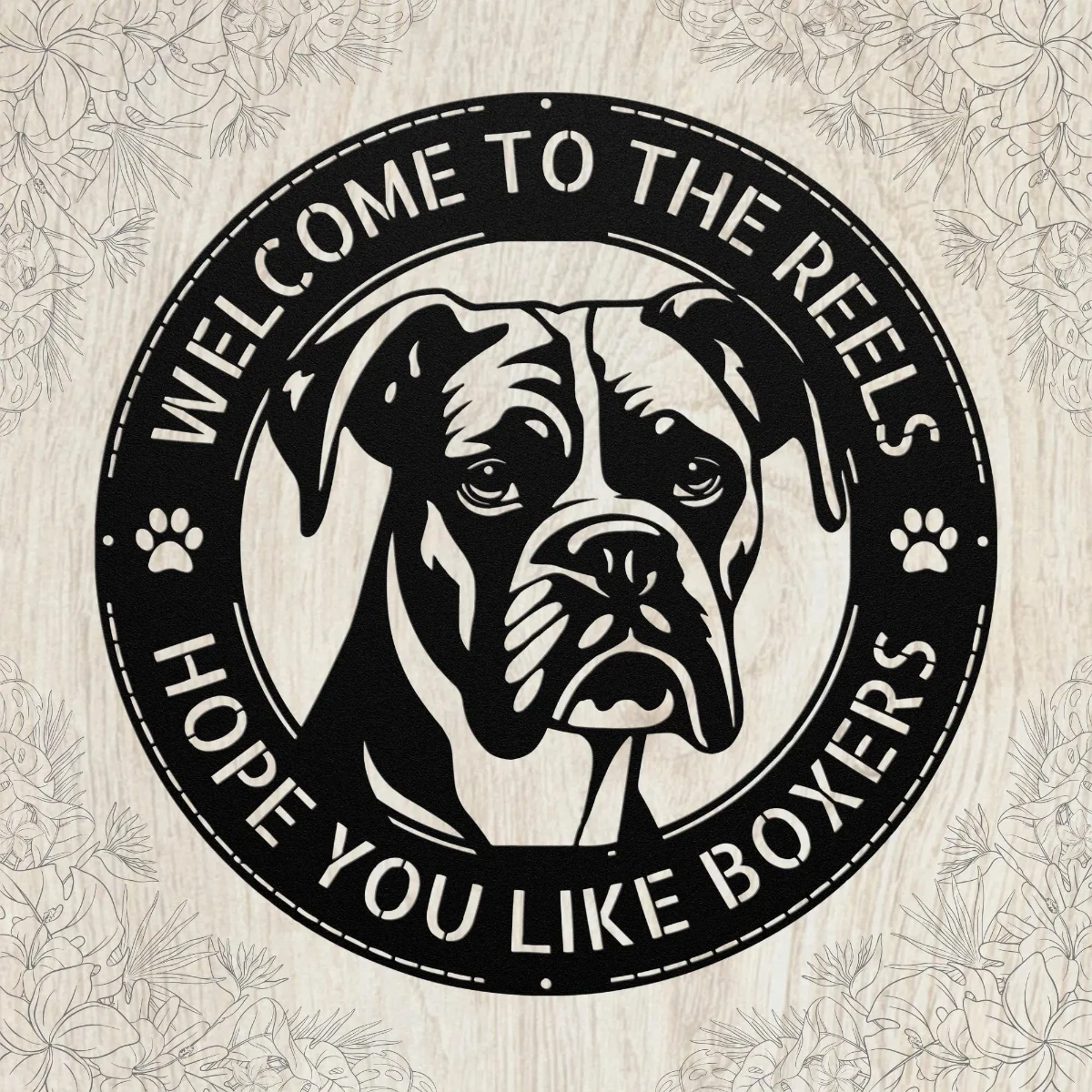 Personalized boxer dog metal sign in 16 gauge steel for welcome wall decor, custom family name plaque for home, porch and dog lover gift art.