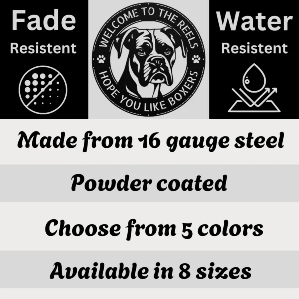 Personalized boxer dog metal sign in 16 gauge steel for welcome wall decor, custom family name plaque for home, porch and dog lover gift art.