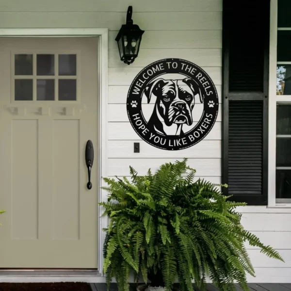 Personalized boxer dog metal sign in 16 gauge steel for welcome wall decor, custom family name plaque for home, porch and dog lover gift art.